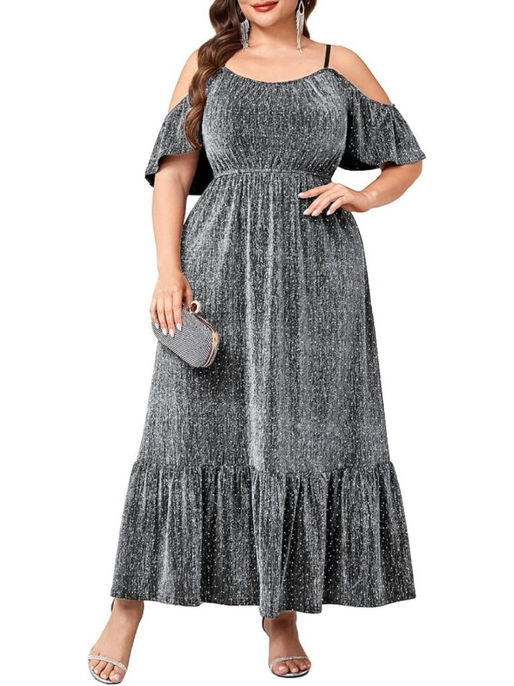 Plus Size Cold Shoulder Sparkly A-Line Maxi Dress for Formal Events & Weddings